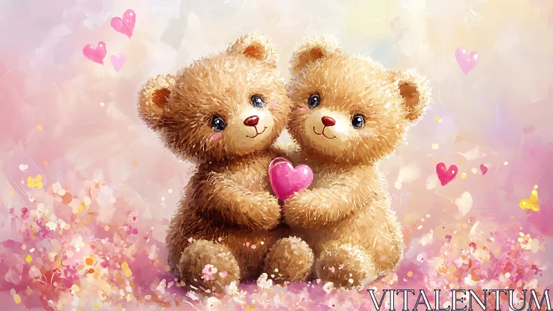 Two Teddy Bears Embracing a Pink Heart in Floral Dreamscape.