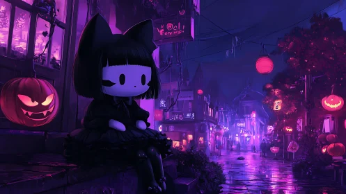 Stylized character overlooks neon lit Halloween street scene