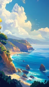 Sunlit cliffs and bright blue waves along a calm coast.