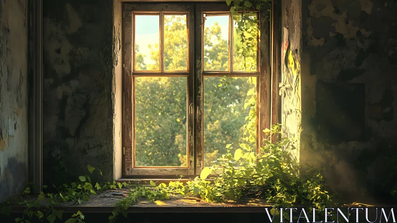 Sunlit ivy gently reclaiming a quiet abandoned window