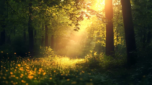 Enchanted forest path with golden sunlight and dreamy ambiance.
