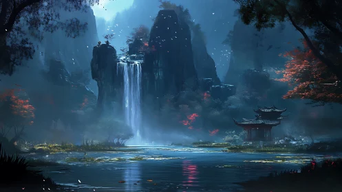 Nocturnal mountain waterfall frames misted lakeside temple