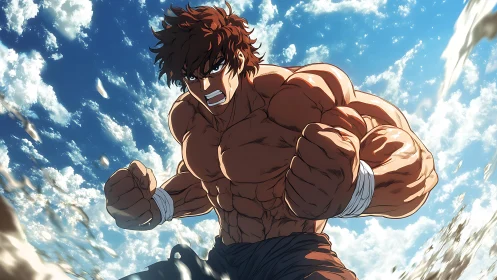 Muscular anime fighter charging forward under bright sky.