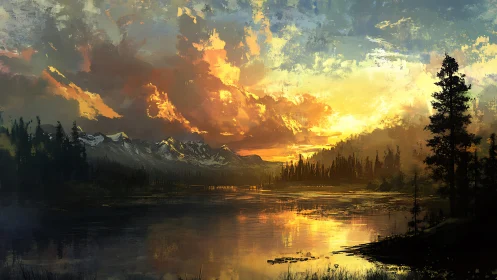 Mountain lake landscape with sunset sky and reflections.