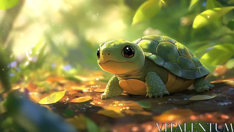 Cartoon turtle in sunlit forest with bright green shell.