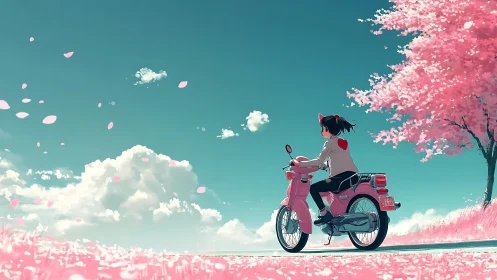 Motorcyclist observing sakura field under expansive cyan sky.