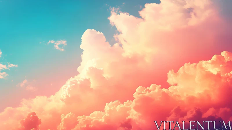 Sunlit cotton clouds glow in vivid pastel evening sky.