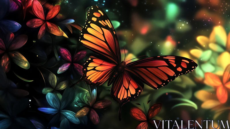 Monarch butterfly hovers over neon florals in luminous bokeh field