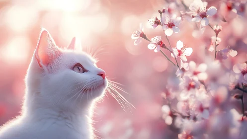 White Cat Observing Cherry Blossoms in Pink Light.