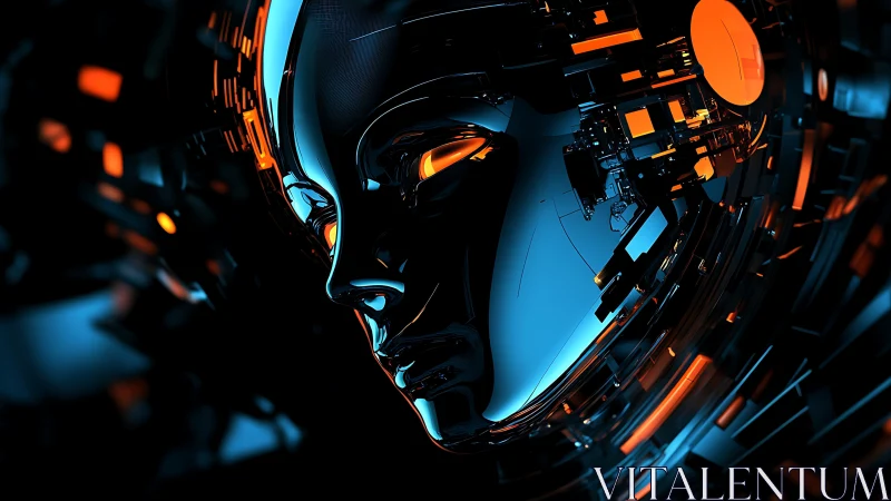 Cyberpunk chrome visage within luminous circuit halo construct.