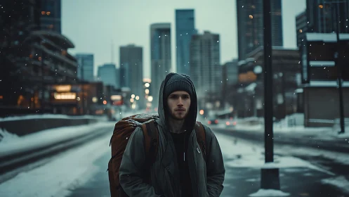 Solitary winter commuter in shallow-depth urban corridor.