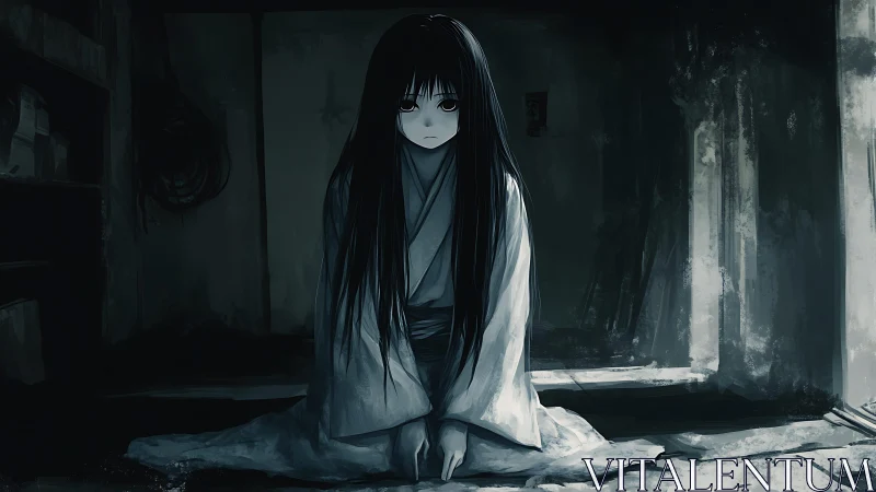 Long haired girl kneeling in dim abandoned interior space.