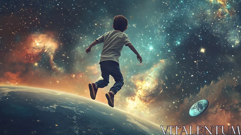 Starbound dreamer drifting across a glowing cosmic sea.