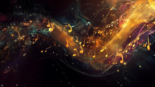 Glowing musical notes stream through abstract cosmic light.