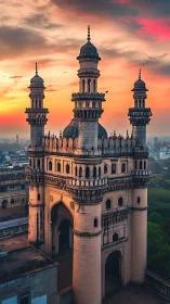 Charminar monument captured in warm, high-contrast sunset light