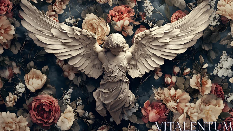 Winged stone angel amid dark floral baroque garden.