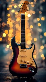Sunburst electric guitar stands before blurred bokeh lights