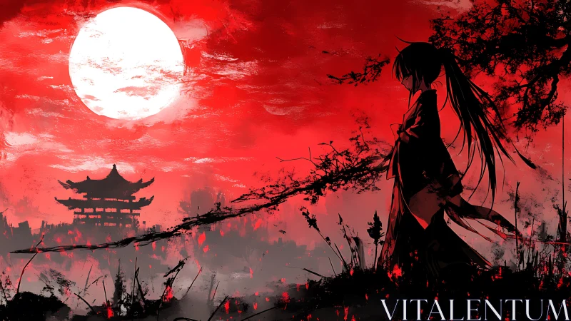 Red moonlit samurai silhouette overlooks distant pagoda.