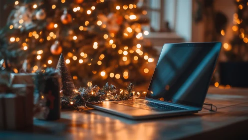 Laptop on festive desk glows before blurred Christmas tree.