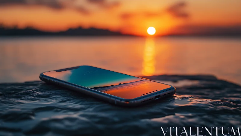 Sunset phone resting quietly beside a glowing shoreline.