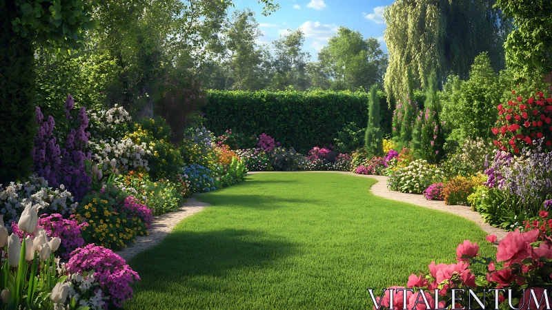 Lush backyard lawn framed by dense colorful flowerbeds.