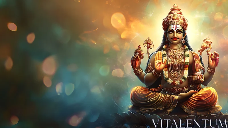 Radiant four-armed deity enthroned in swirling cosmic glow.