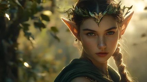 Elf princess portrait in glowing forest sunlight focus.