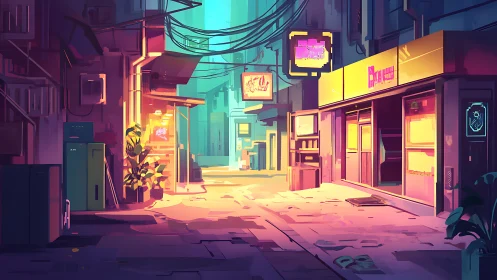 Urban alley scene shows stylized neon-lit commercial passage