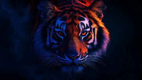 Tiger head portrait in high contrast neon lighting at night.