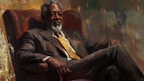 Textural oil portrait of dignified elder in tailored suit.