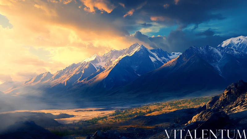 Sunlit snowcapped mountain range over valley at dusk.