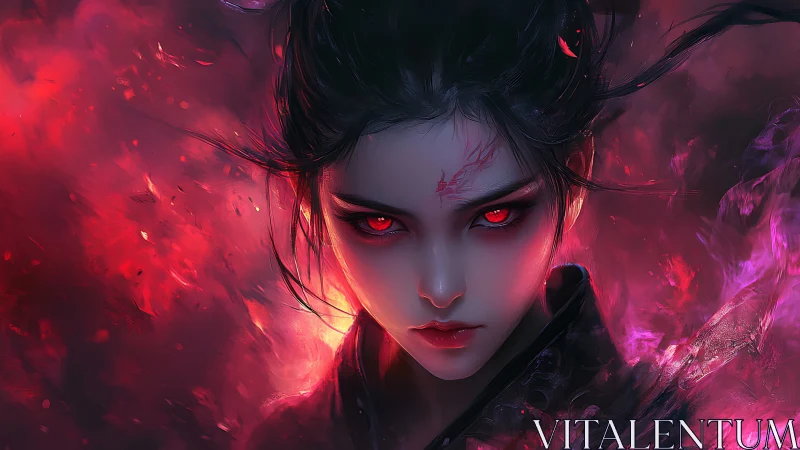 Demonic anime sorceress gazes forward in crimson flames