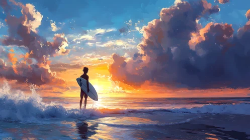 Digital painting seascape with silhouetted surfer at sunset.