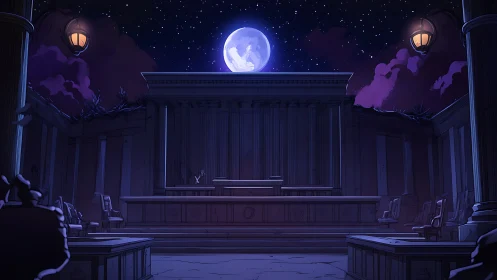 Moonlit courthouse cathedral where justice naps quietly.