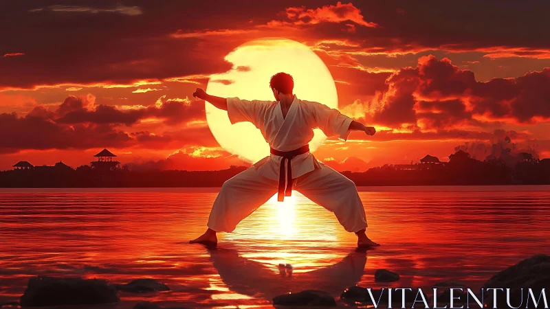 Sunset martial artist finding focus by the glowing shoreline.
