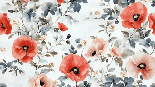 Coral poppies dance through soft blue blooms across a luminous white stage