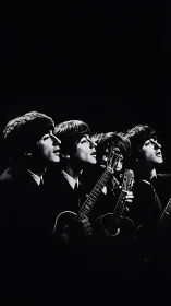 Monochrome portrait of four guitarists in tight upward lighting