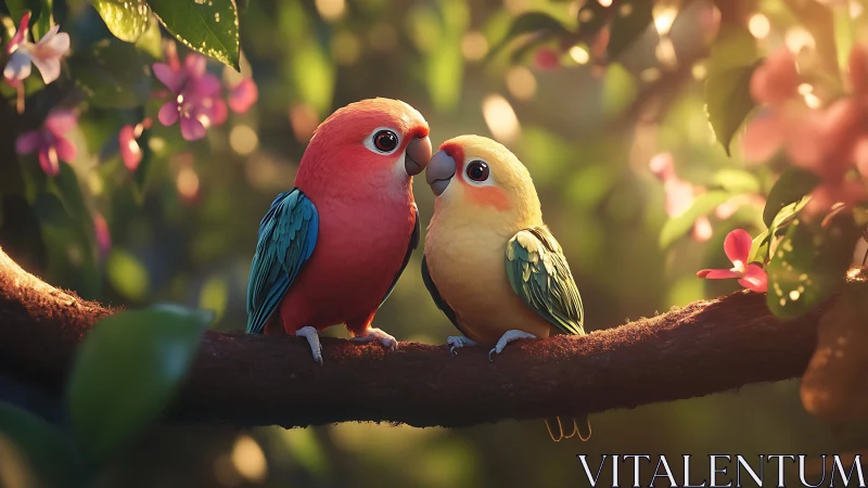 Two Colorful Cartoon Lovebirds on a Branch in a Lush Garden.