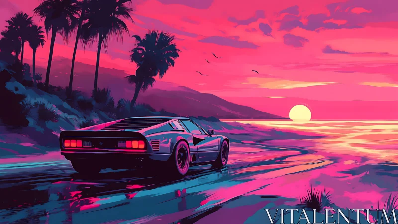 Retro sports car moves along coastal road at vivid sunset