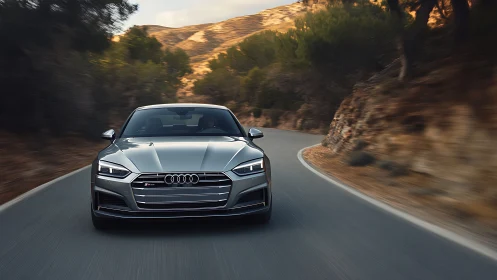 Silver performance sedan powers through sunlit mountain pass.