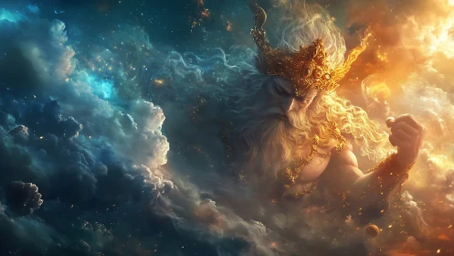 Stellar storm deity emerging from volumetric astral clouds.
