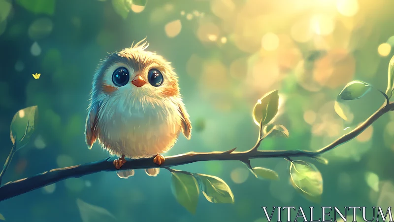 Cute Fluffy Bird on Branch in Dreamy Animated Style Illustration.