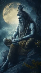 Moonlit ascetic rendered in high-contrast digital chiaroscuro