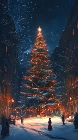 Snowlit city Christmas tree glowing with gentle winter magic.