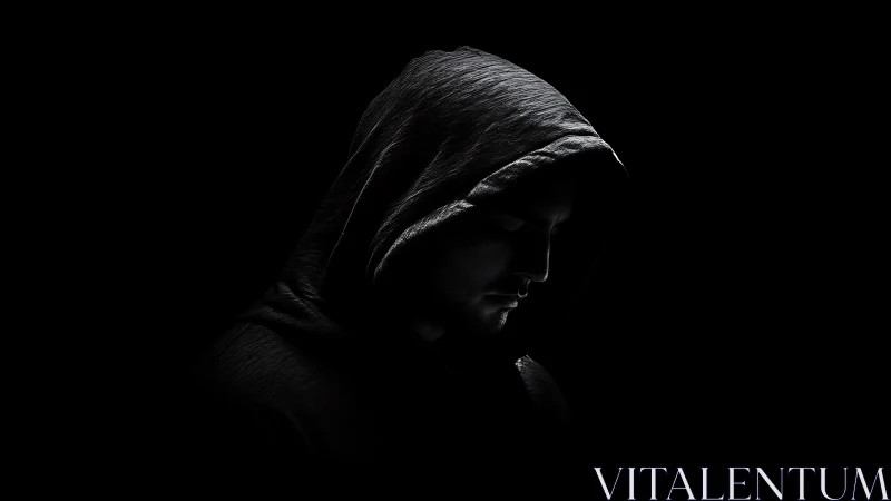 Shadowed hooded figure turns inward in dramatic darkness.