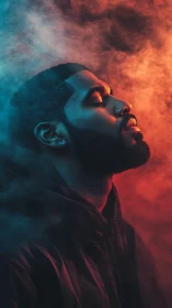 Side profile portrait in contrasting red and blue mist.