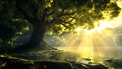 Majestic ancient tree by lake at sunrise, fantasy digital art style.