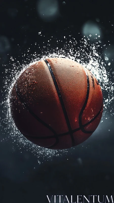 Soaring basketball splashing through light and motion.