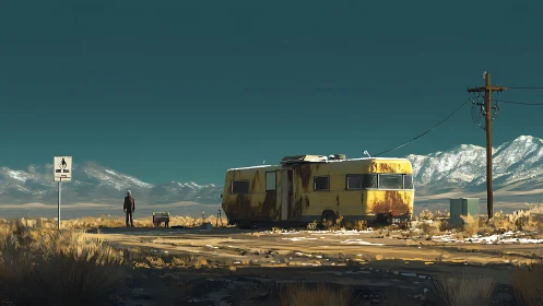 Desert roadside trailer under teal sky and snowy peaks.