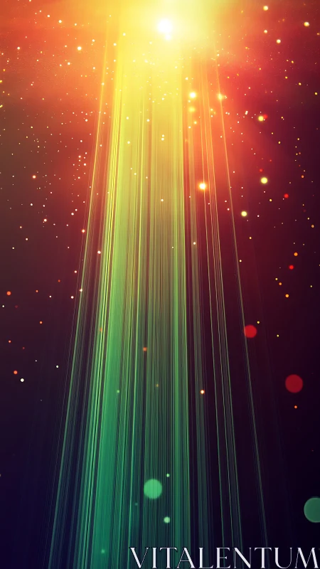 Radiant vertical light beams with cosmic particle field.